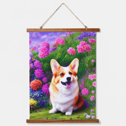Corgi en Flowers Hangend Wandkleed (Voorkant)