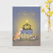 Corgi en kat met kerststal kerstkaart kaart (Gele Bloem)