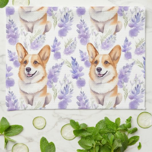 Corgi en lavendel bloemen patroon theedoek (Gevouwen)