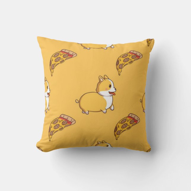 Corgi en Pizza Slice Pattern Kussen (Voorkant)
