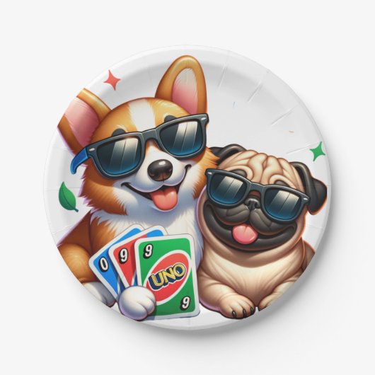 Corgi en Pug Uno Kaart spel Papieren Bordje (Voorkant)