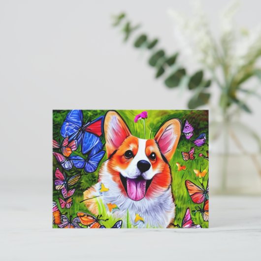 Corgi en vlinderkunst briefkaart (Staand voorkant)
