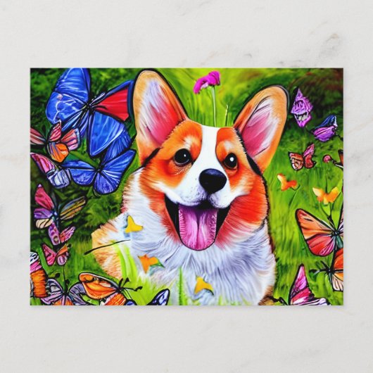 Corgi en vlinderkunst briefkaart (Voorkant)