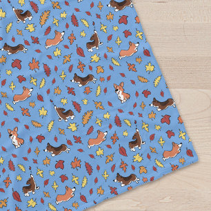 Corgi Fall Leaves Patroon Dusty Blue Fleece Deken