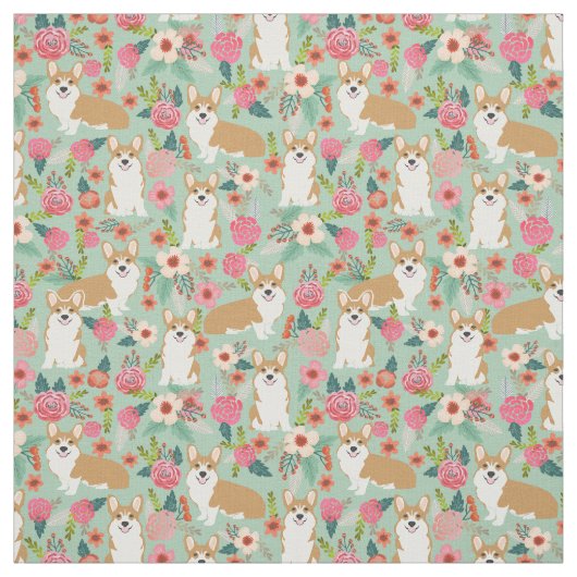 Corgi floral fabric - munt stof (Swatch)