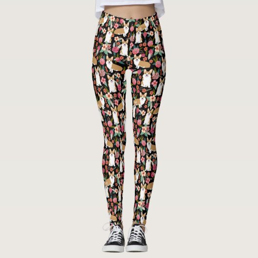 Corgi Floral leggings - zwart (Voorkant)