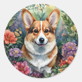 Corgi Floral Waterverf Kunst Ronde Sticker