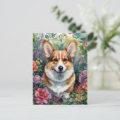 Corgi Floral Waterverf Portrait Briefkaart (Staand voorkant)