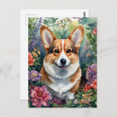 Corgi Floral Waterverf Portrait Briefkaart (Voorkant / Achterkant)