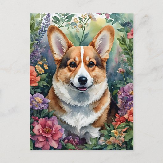 Corgi Floral Waterverf Portrait Briefkaart (Voorkant)
