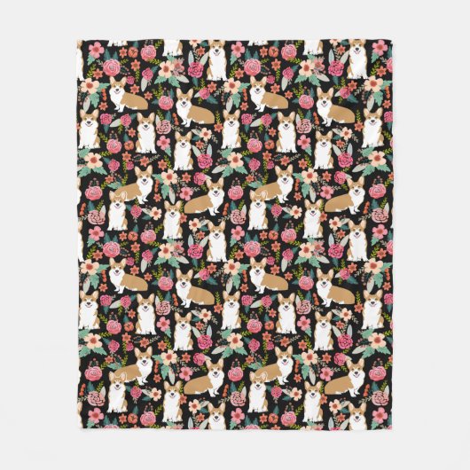 Corgi florals deken - zwart (Voorkant)