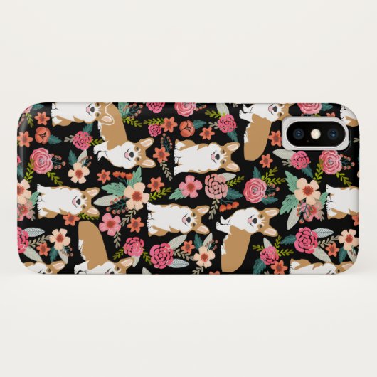Corgi Florals i iPhone case - zwart (Achterkant (horizontaal))