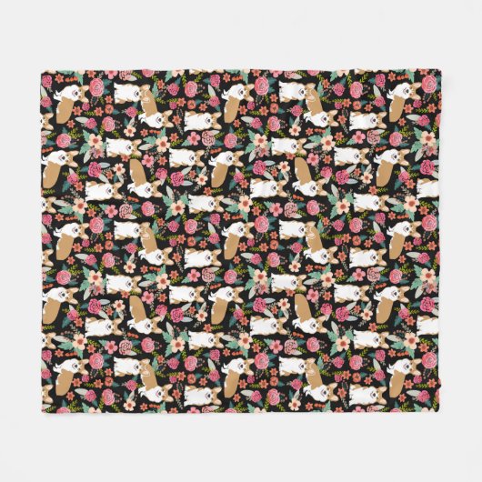 Corgi florals zwart fleece deken (Voorkant (Horizontaal))