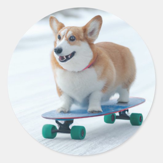 Corgi fun skateboarden ronde sticker (Voorkant)