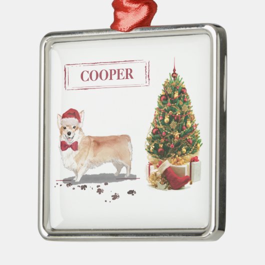 Corgi Funny kersthond met boom Metalen Ornament (Links)