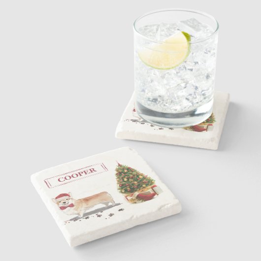 Corgi Funny kersthond met boom Stenen Onderzetter (Zijkant)