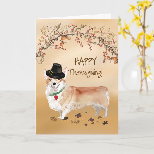 Corgi Funny Pilgrim Pet Thanksgiving Kaart (Gele Bloem)
