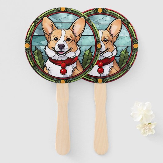 Corgi Gebrandschilderd Glas Kerstmis Handwaaier (Voorkant en achterkant)