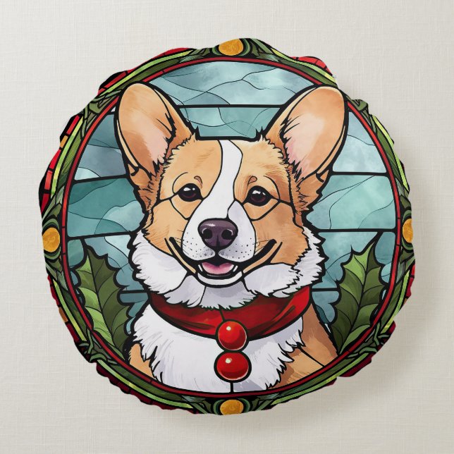 Corgi Gebrandschilderd Glas Kerstmis Rond Kussen (Achterkant)