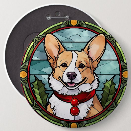 Corgi Gebrandschilderd Glas Kerstmis Ronde Button 6,0 Cm (Voorkant /achterkant)