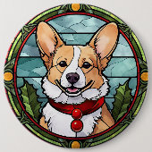 Corgi Gebrandschilderd Glas Kerstmis Ronde Button 6,0 Cm (Voorkant)