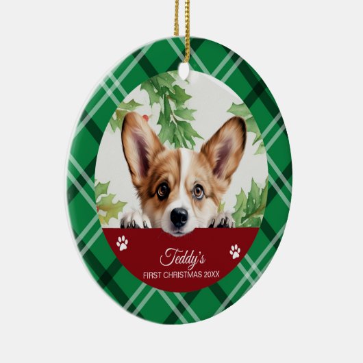 Corgi gepersonaliseerde eerste kerst keramisch ornament (Rechts)