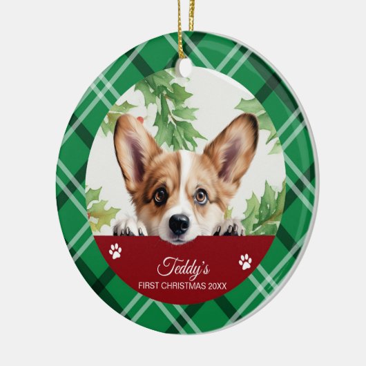 Corgi gepersonaliseerde eerste kerst keramisch ornament (Links)