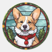 Corgi Glas in lood Kerst Ronde Sticker (Voorkant)