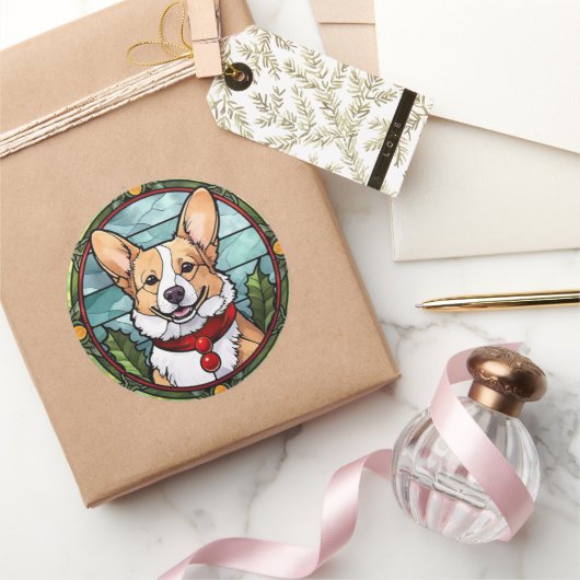 Corgi Glas in lood Kerst Ronde Sticker (Geschenken)