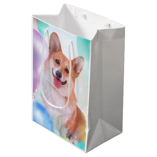 Corgi glimlachen met ballonnen medium cadeauzakje (Voorkant Gekanteld)