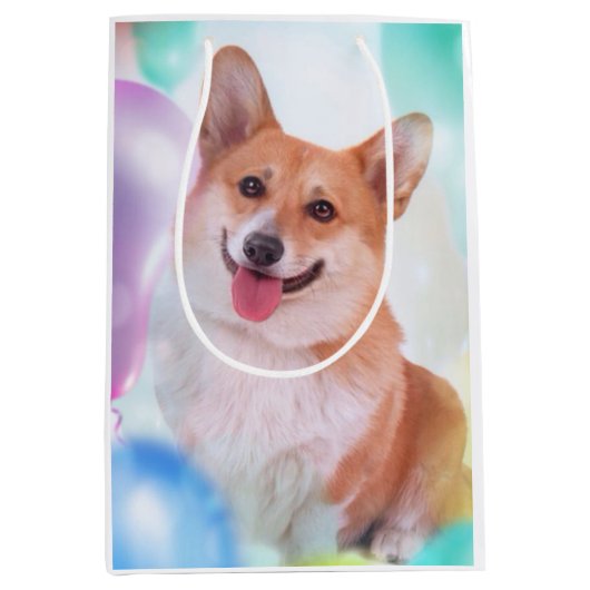 Corgi glimlachen met ballonnen medium cadeauzakje (Voorkant)