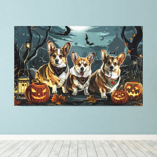Corgi Halloween Spooky Canvas Afdruk (Insitu (Houten vloer))