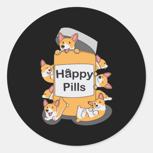 Corgi Happy Pills Ronde Sticker (Voorkant)