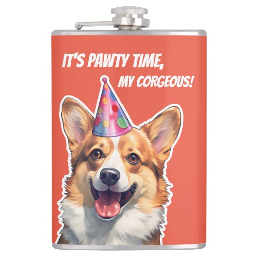 Corgi Het is Verjaardagsfeest tijd mijn corgeous Heupfles (Voorkant)
