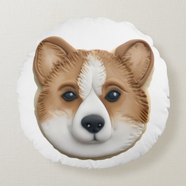 Corgi Hond 3D Geïnspireerd Rond Kussen (Voorkant)