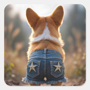 Corgi-hond draagt blauwe gerafelde denim shorts vierkante sticker