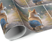 Corgi hond draagt blauwe jean shorts cadeaupapier (Rol Hoek)