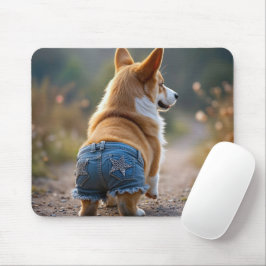 Corgi hond draagt blauwe jean shorts muismat