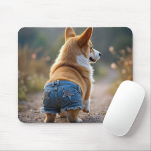 Corgi hond draagt blauwe jean shorts muismat