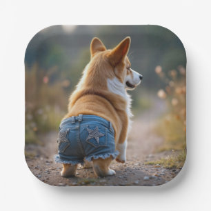 Corgi hond draagt blauwe jean shorts papieren bordje