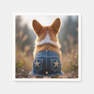 Corgi-hond draagt blauwe rafelig denim short servet