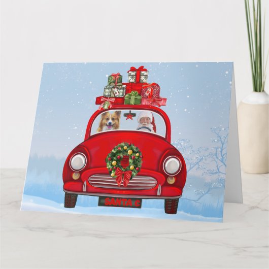 Corgi-hond in auto met kerstman kaart (Voorkant)