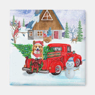 Corgi-hond in kerstbezorgingswagen sneeuw magneet