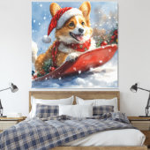 Corgi-hond in slee laat het sneeuwen Kerstmis Canvas Afdruk (Insitu (Slaapkamer))