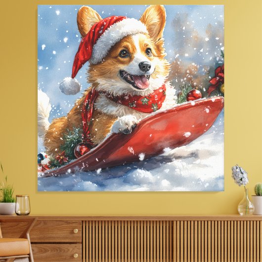 Corgi-hond in slee laat het sneeuwen Kerstmis Canvas Afdruk (Insitu (Woonkamer))