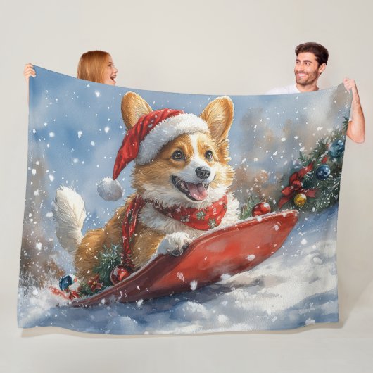 Corgi-hond in slee laat het sneeuwen Kerstmis Fleece Deken (In situ)