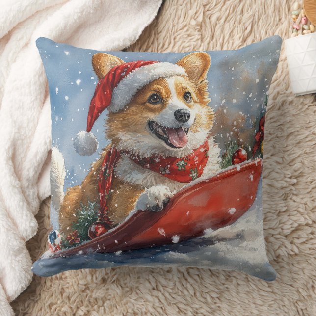 Corgi-hond in slee laat het sneeuwen Kerstmis Kussen (Deken)