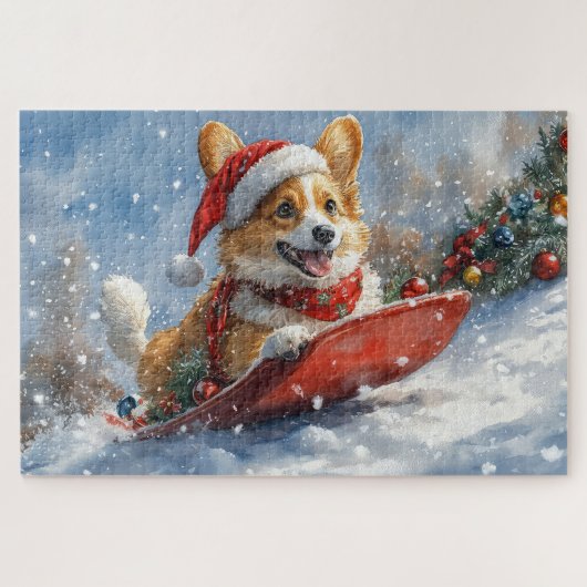 Corgi-hond in slee laat het sneeuwen Kerstmis Legpuzzel (Horizontaal)