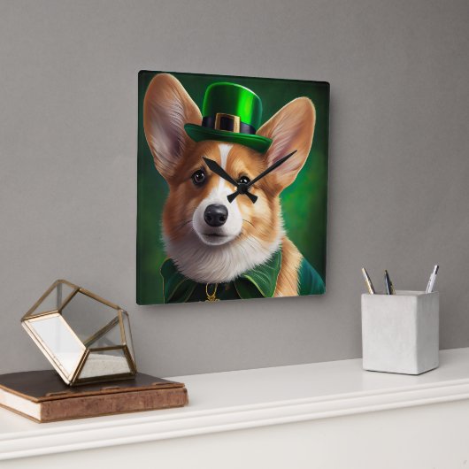 Corgi-hond in St. Patrick's Day-jurk Vierkante Klok (Kantoor)
