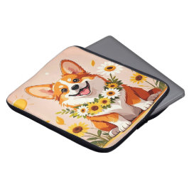 Corgi hond kroon van zonnebloemen muur art decor laptop sleeve